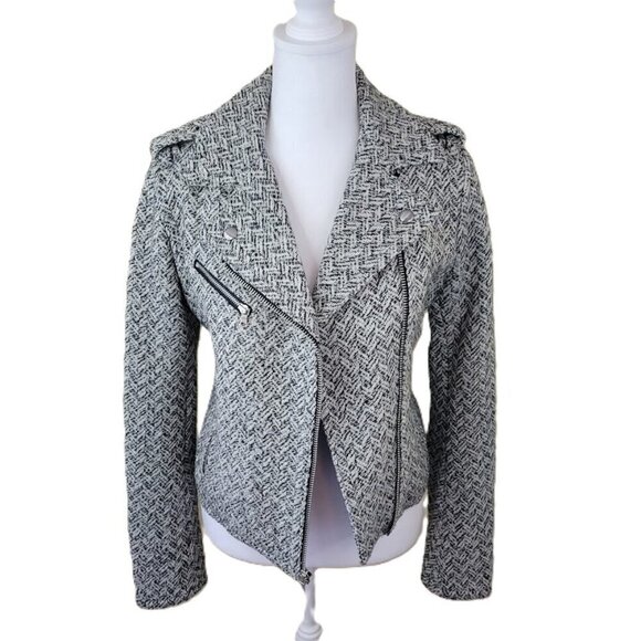 GAP Wool Blend Black White Herringbone Tweed Moto Jacket Asymmetrical Zip SZ XS - Picture 1 of 16